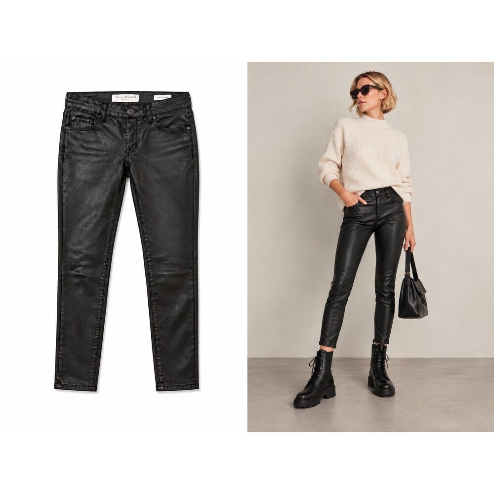 Social Standard by Sanctuary Black Faux Leather Coated Ankle Skinny Pants Size 4
